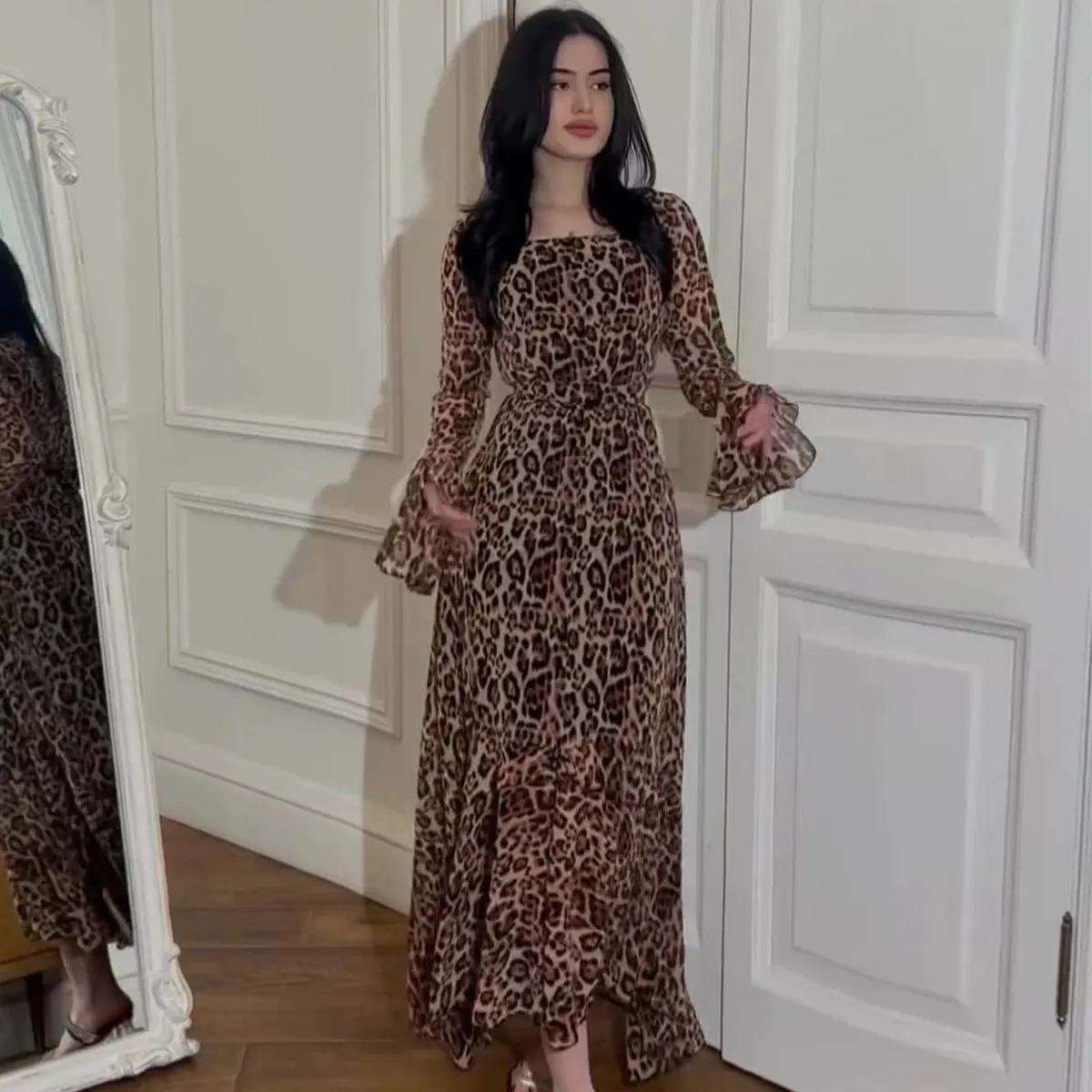 Fashionkova 2024 fall fashion trends  Spring New Chiffon Leopard Print Lotus Leaf Sleeve Temperament Long Stitching Irregular Dress