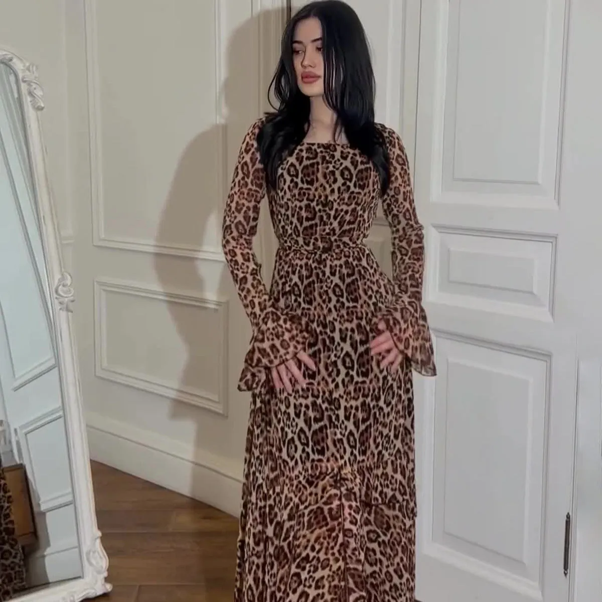 Fashionkova 2024 fall fashion trends  Spring New Chiffon Leopard Print Lotus Leaf Sleeve Temperament Long Stitching Irregular Dress