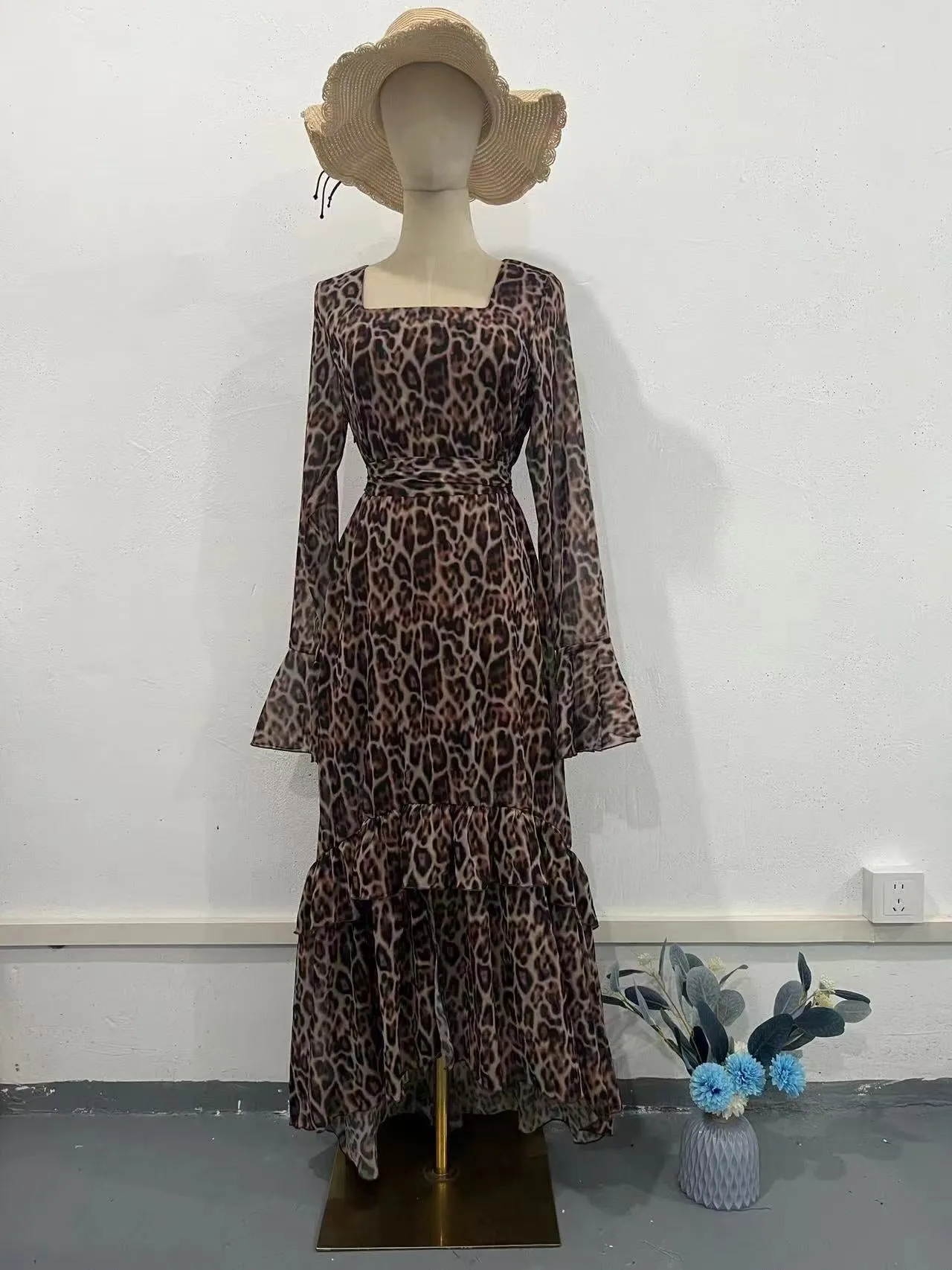 Fashionkova 2024 fall fashion trends  Spring New Chiffon Leopard Print Lotus Leaf Sleeve Temperament Long Stitching Irregular Dress