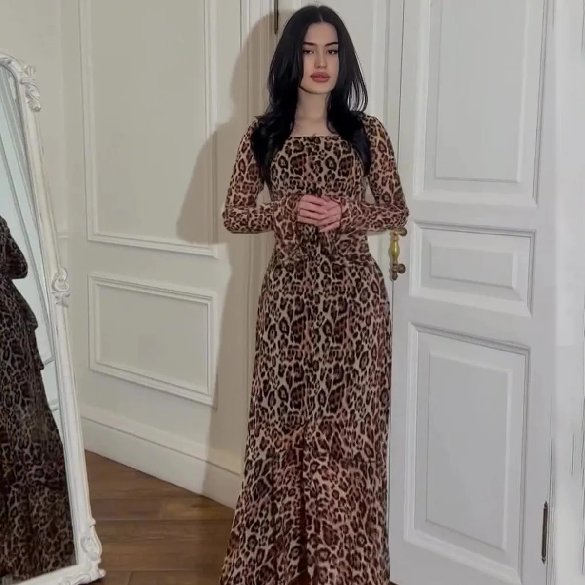 Fashionkova 2024 fall fashion trends  Spring New Chiffon Leopard Print Lotus Leaf Sleeve Temperament Long Stitching Irregular Dress