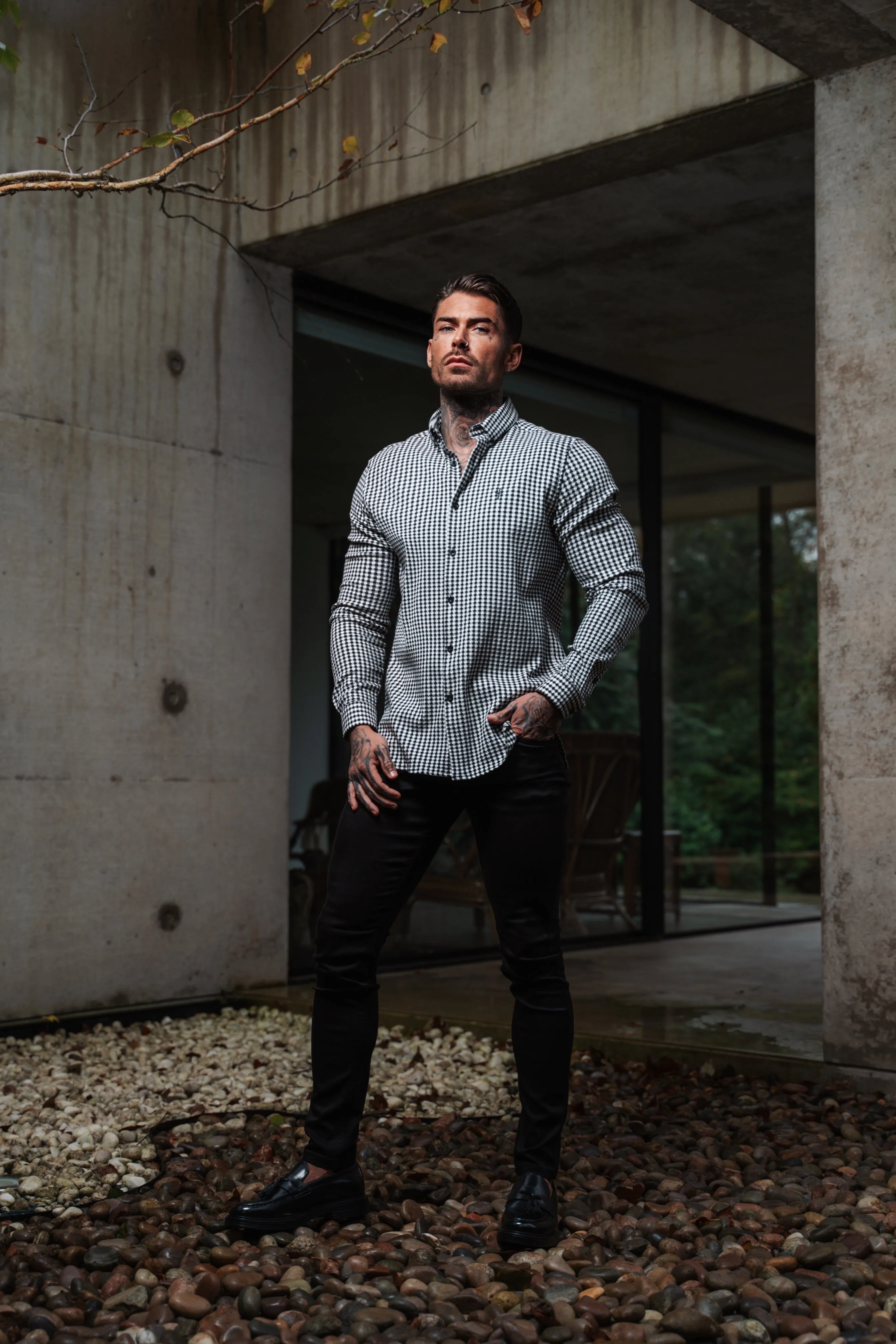 Father Sons Classic Black / White Woven Dogtooth Check Long Sleeve with Button Down Collar - FS987