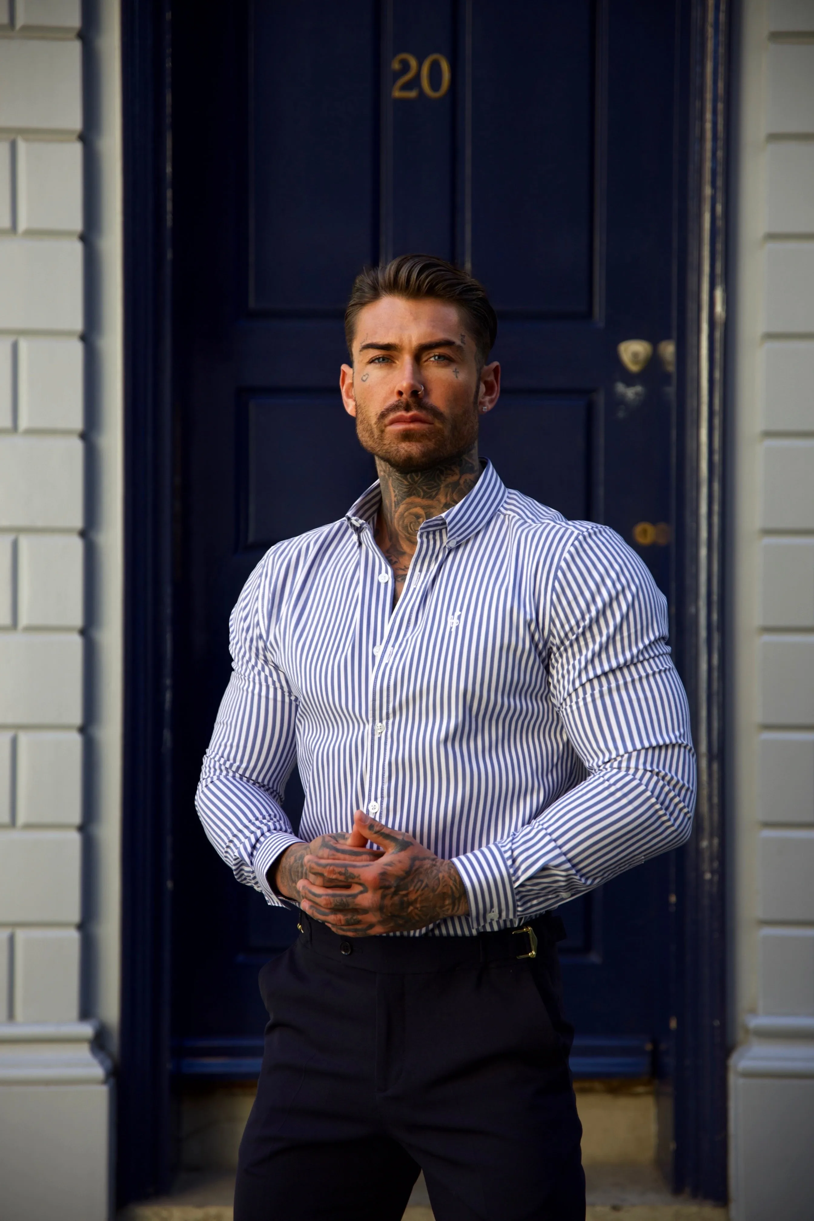 Father Sons Classic Navy and White Single Woven Stripe Long Sleeve - FS981
