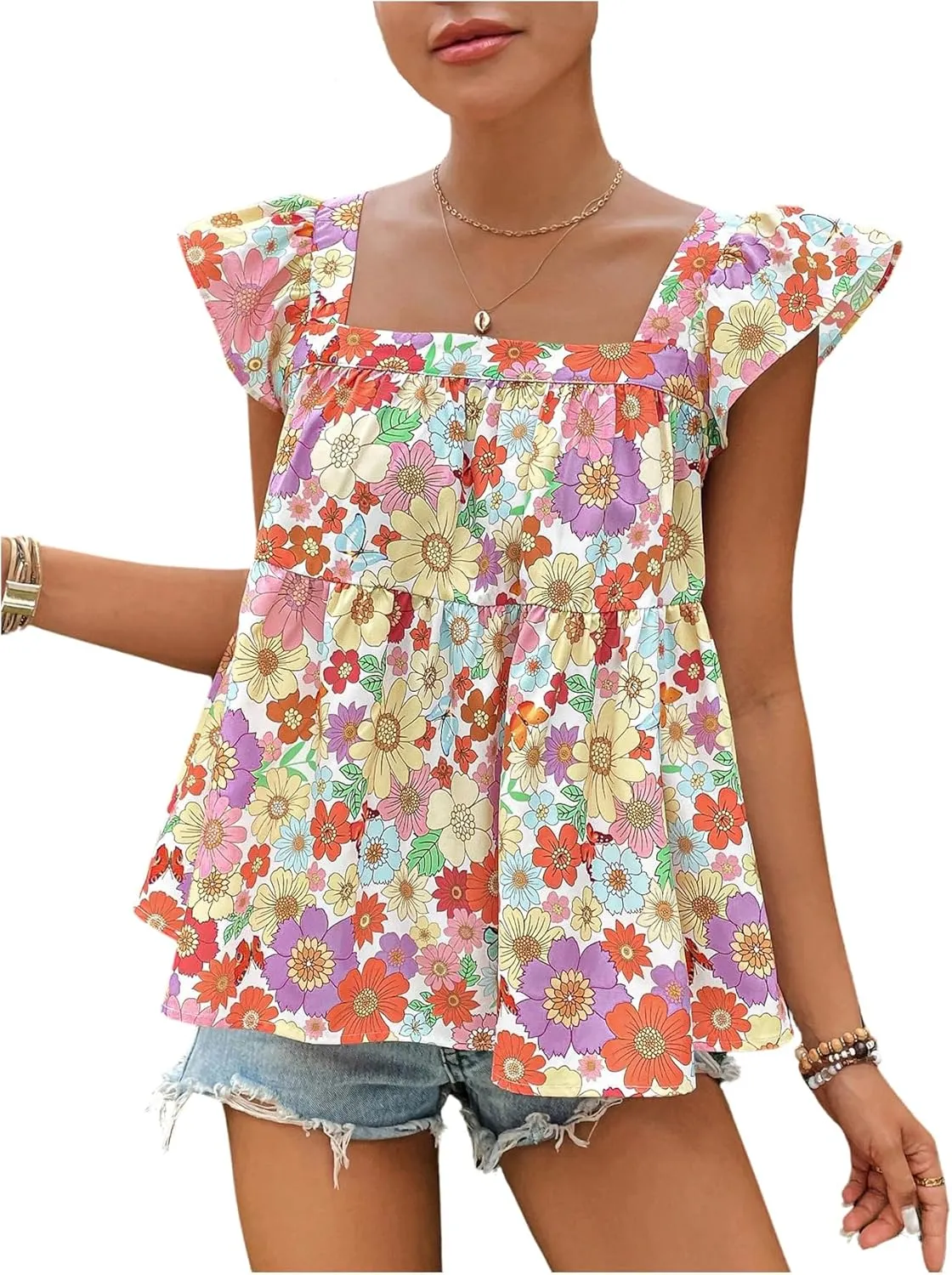 Floerns Women's Floral Square Neck Cap Sleeve Blouse Tie Back Flared Hem Peplum Top