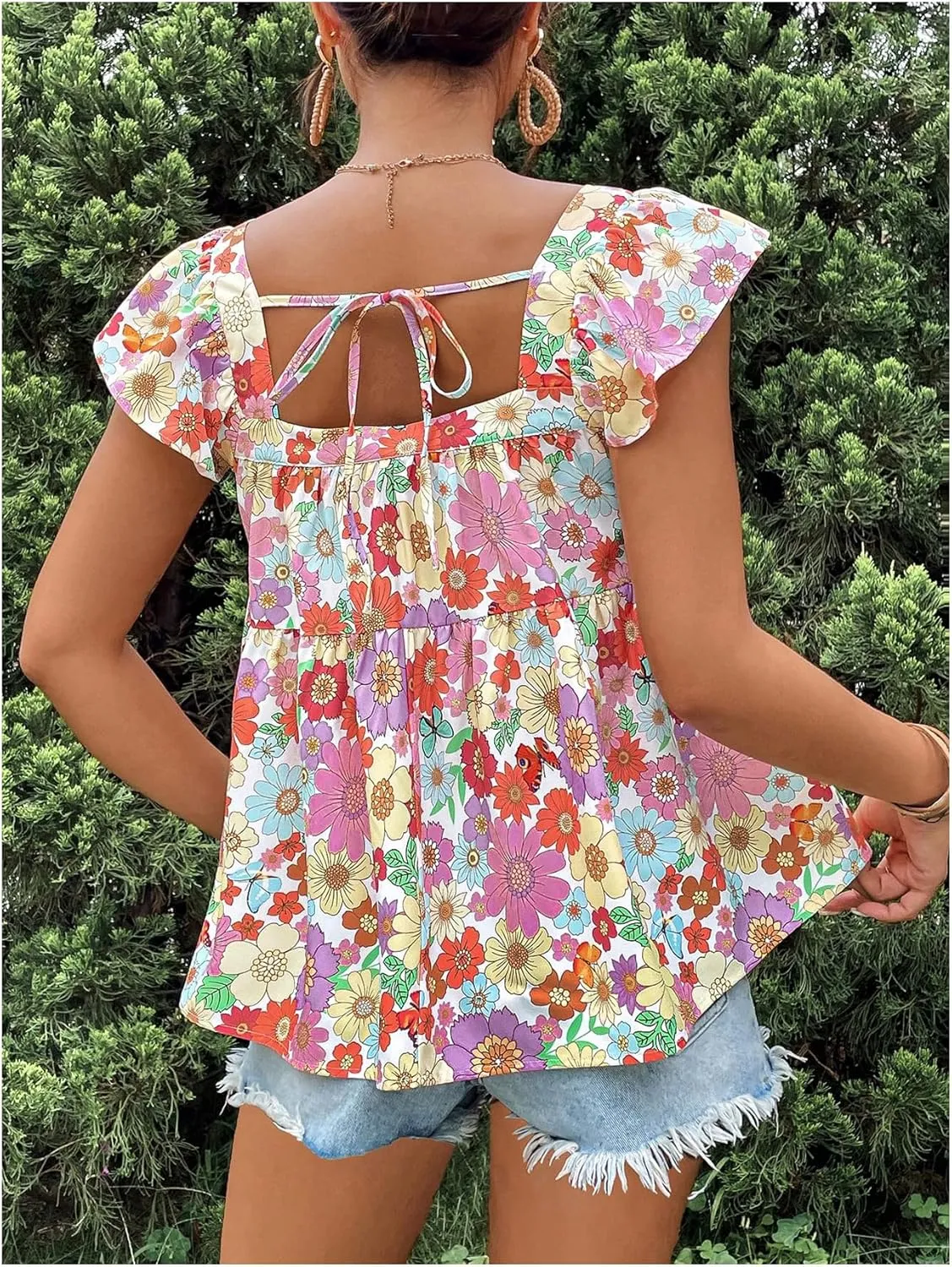 Floerns Women's Floral Square Neck Cap Sleeve Blouse Tie Back Flared Hem Peplum Top