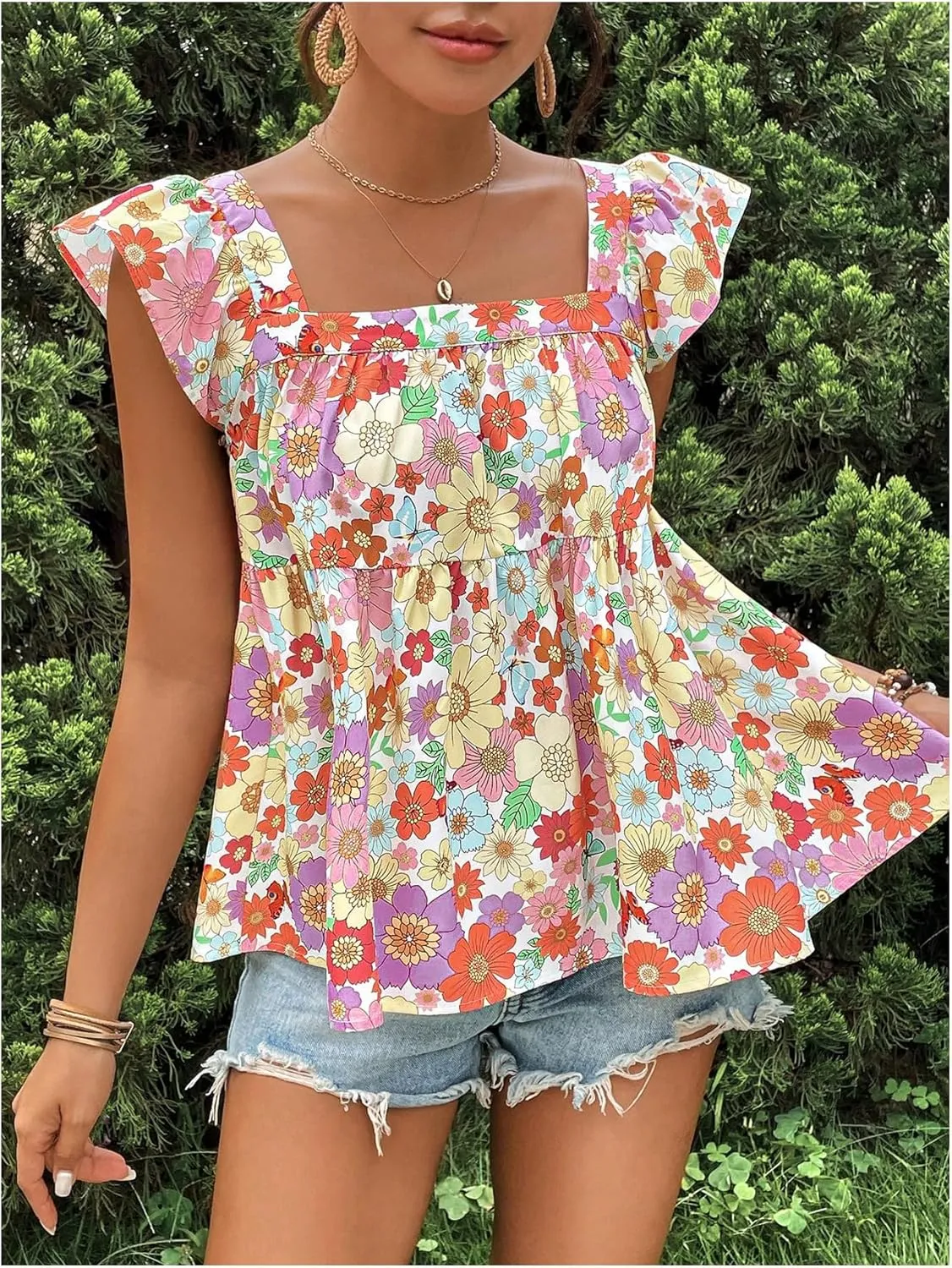 Floerns Women's Floral Square Neck Cap Sleeve Blouse Tie Back Flared Hem Peplum Top