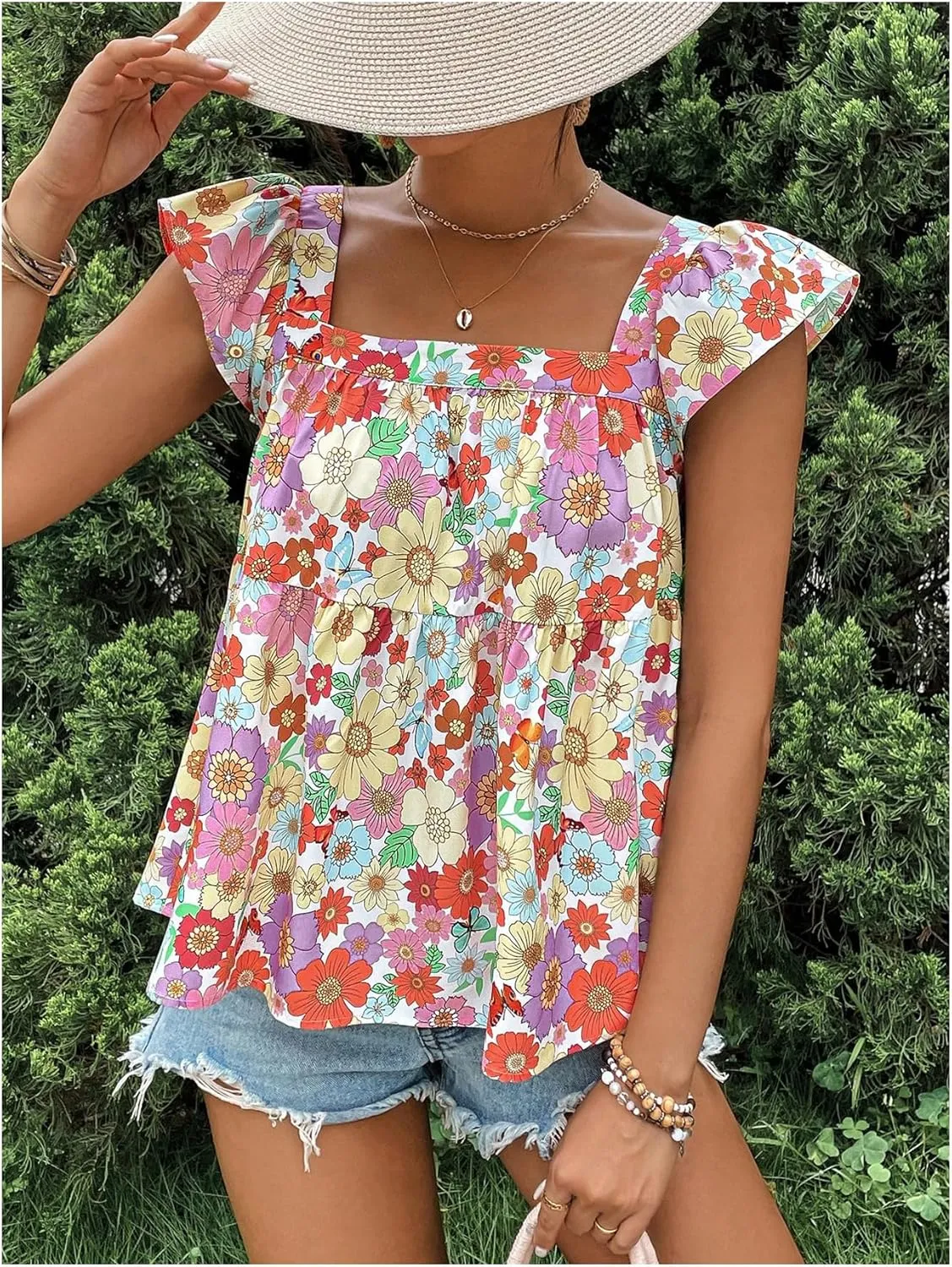 Floerns Women's Floral Square Neck Cap Sleeve Blouse Tie Back Flared Hem Peplum Top