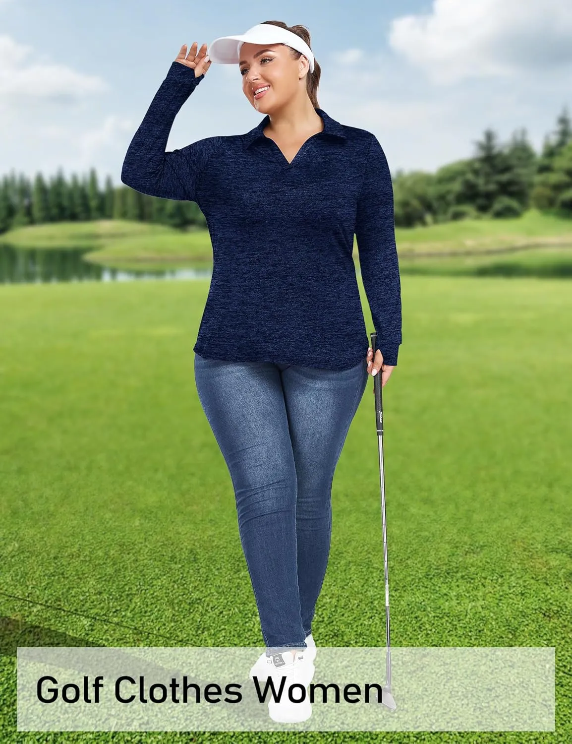 FOREYOND Women's Plus Size Long Sleeve Polo Shirts V-Neck Workout Tops Moisture Wicking Golf Shirts