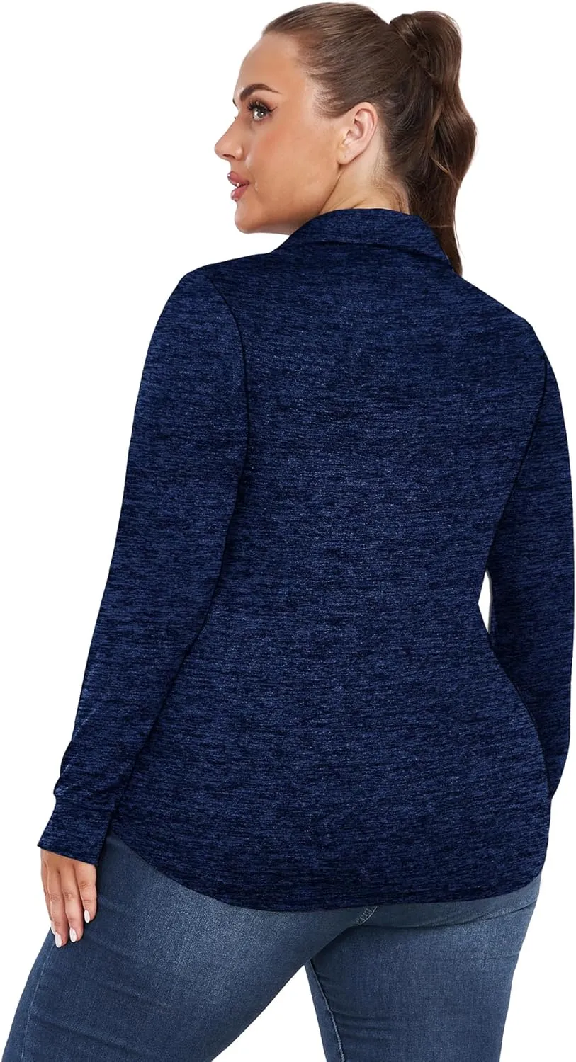 FOREYOND Women's Plus Size Long Sleeve Polo Shirts V-Neck Workout Tops Moisture Wicking Golf Shirts