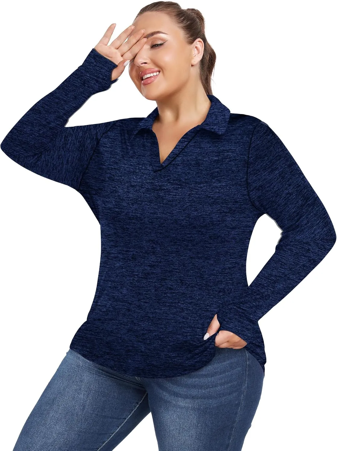 FOREYOND Women's Plus Size Long Sleeve Polo Shirts V-Neck Workout Tops Moisture Wicking Golf Shirts