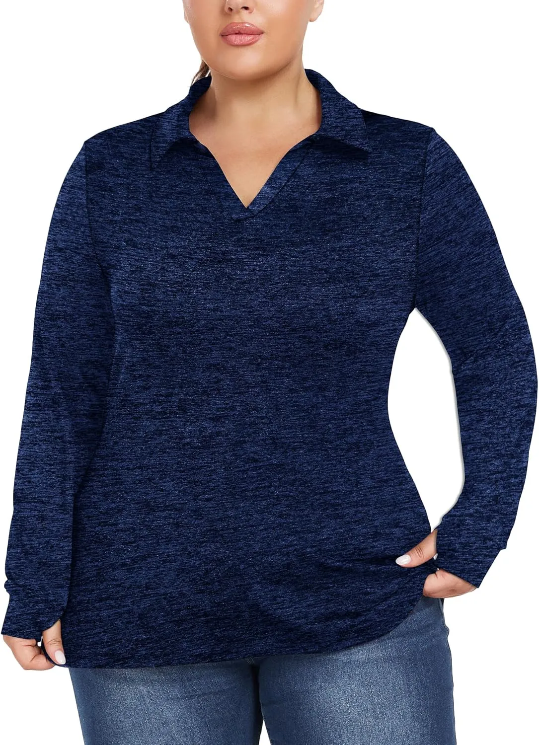 FOREYOND Women's Plus Size Long Sleeve Polo Shirts V-Neck Workout Tops Moisture Wicking Golf Shirts