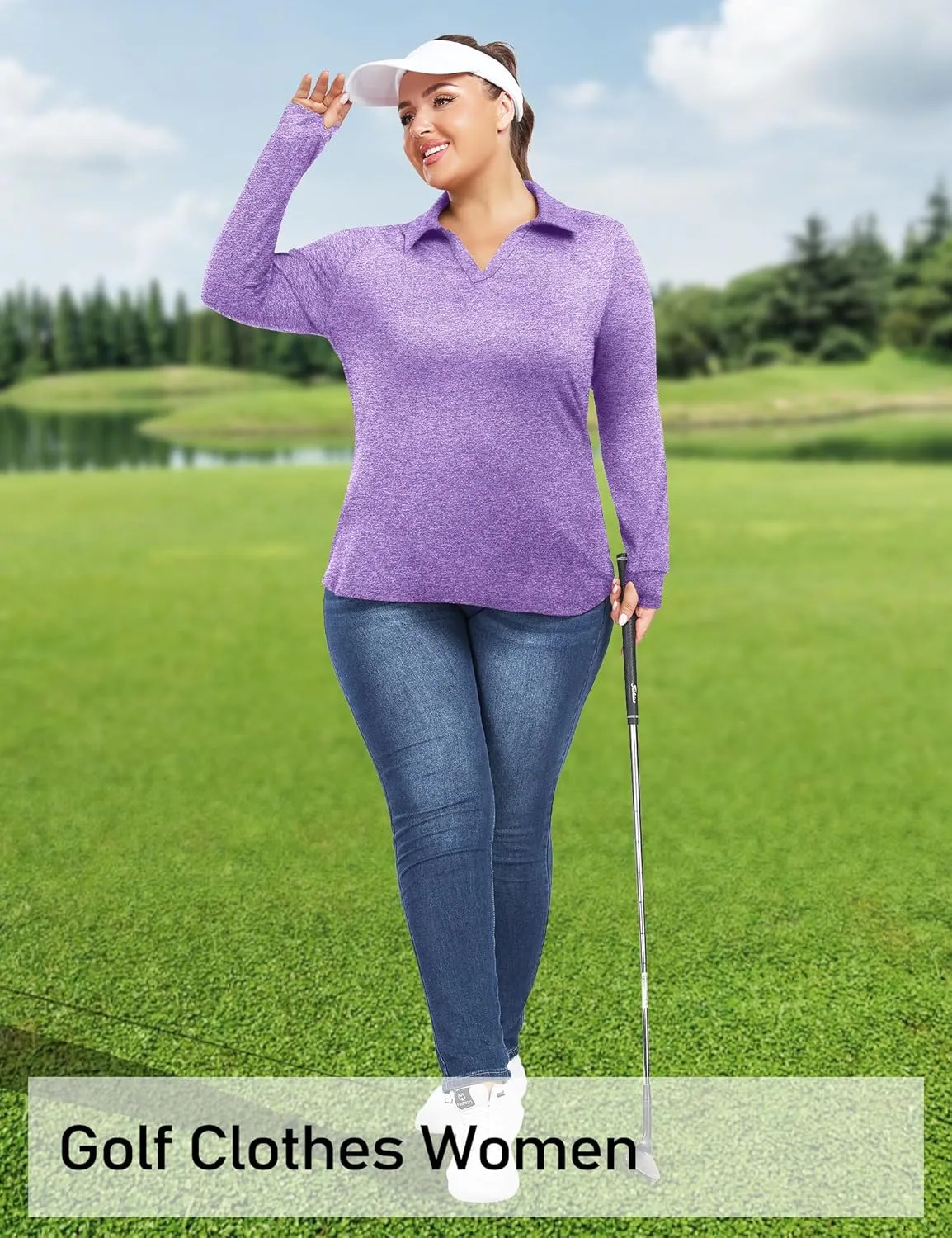 FOREYOND Women's Plus Size Long Sleeve Polo Shirts V-Neck Workout Tops Moisture Wicking Golf Shirts