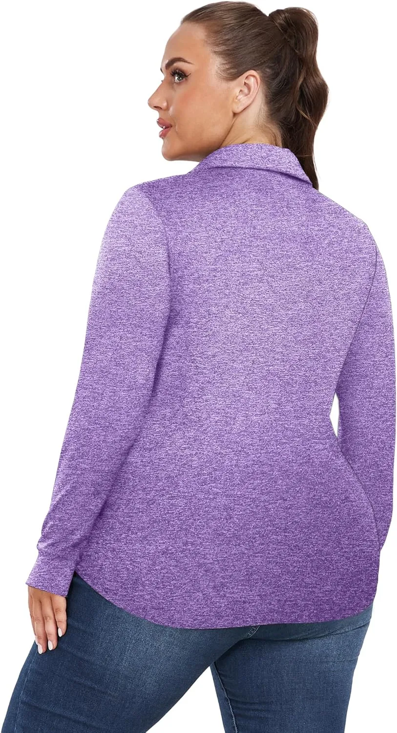 FOREYOND Women's Plus Size Long Sleeve Polo Shirts V-Neck Workout Tops Moisture Wicking Golf Shirts