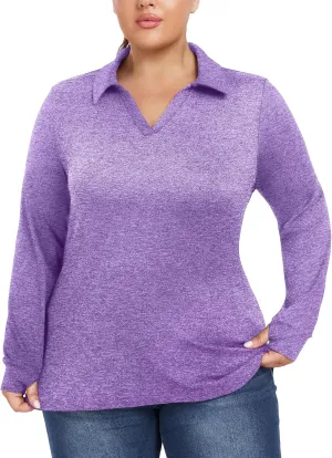 FOREYOND Women's Plus Size Long Sleeve Polo Shirts V-Neck Workout Tops Moisture Wicking Golf Shirts