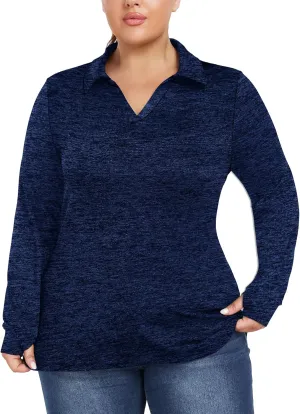 FOREYOND Women's Plus Size Long Sleeve Polo Shirts V-Neck Workout Tops Moisture Wicking Golf Shirts