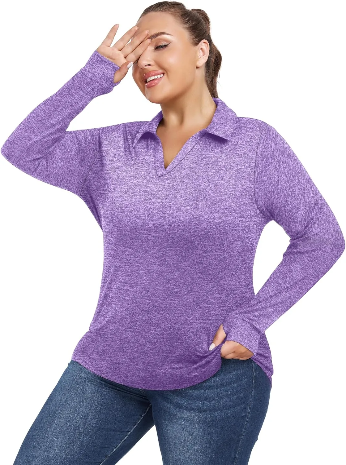 FOREYOND Women's Plus Size Long Sleeve Polo Shirts V-Neck Workout Tops Moisture Wicking Golf Shirts