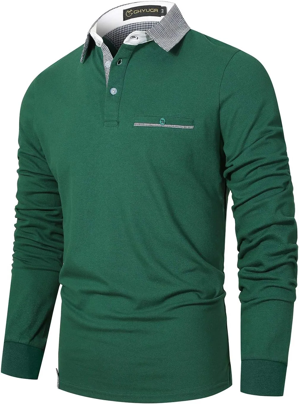 GHYUGR Men's Classic Plaid Splicing Long Sleeve Golf Polo Real Pocket Business Casual T-Shirt
