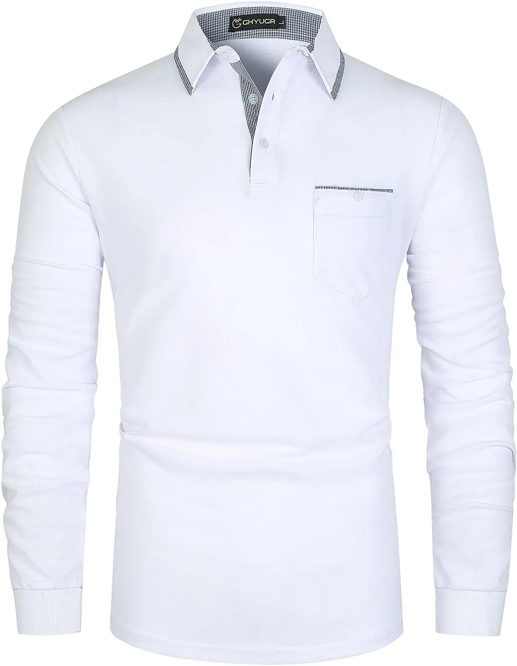 GHYUGR Men's Classic Plaid Splicing Long Sleeve Golf Polo Real Pocket Business Casual T-Shirt