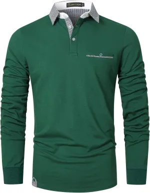GHYUGR Men's Classic Plaid Splicing Long Sleeve Golf Polo Real Pocket Business Casual T-Shirt