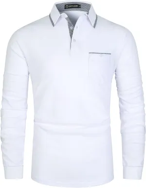 GHYUGR Men's Classic Plaid Splicing Long Sleeve Golf Polo Real Pocket Business Casual T-Shirt