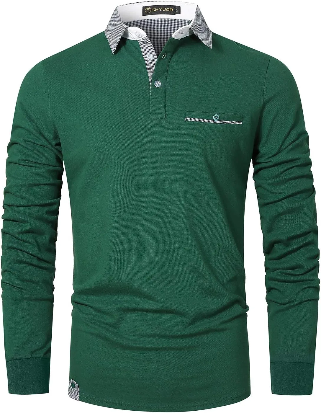 GHYUGR Men's Classic Plaid Splicing Long Sleeve Golf Polo Real Pocket Business Casual T-Shirt