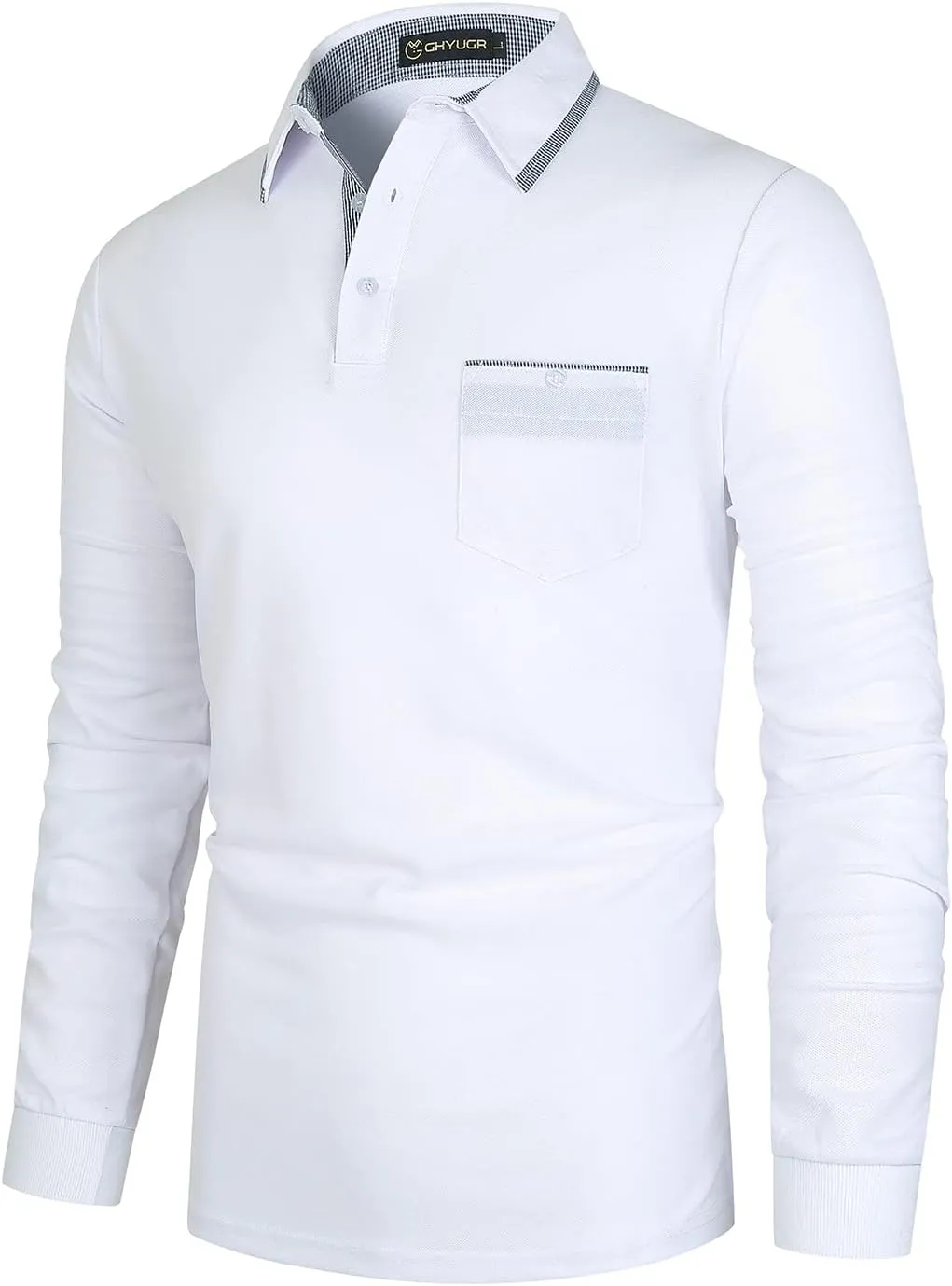 GHYUGR Men's Classic Plaid Splicing Long Sleeve Golf Polo Real Pocket Business Casual T-Shirt