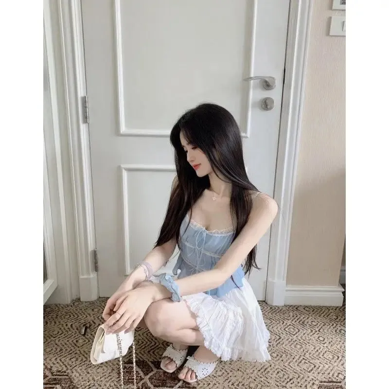 Girlary Lace splicing halter top high-waisted half-body skirt Yankee set skirt ins style Korean sweet ageing small freshness