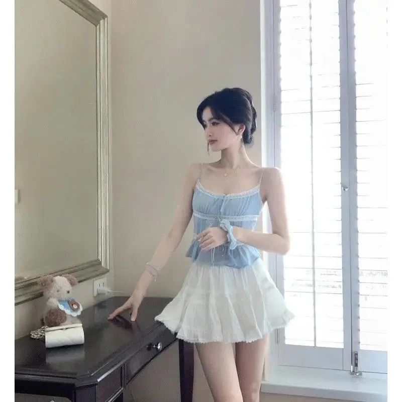 Girlary Lace splicing halter top high-waisted half-body skirt Yankee set skirt ins style Korean sweet ageing small freshness