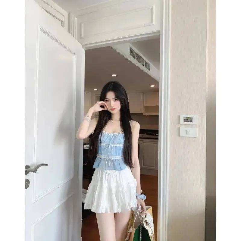 Girlary Lace splicing halter top high-waisted half-body skirt Yankee set skirt ins style Korean sweet ageing small freshness