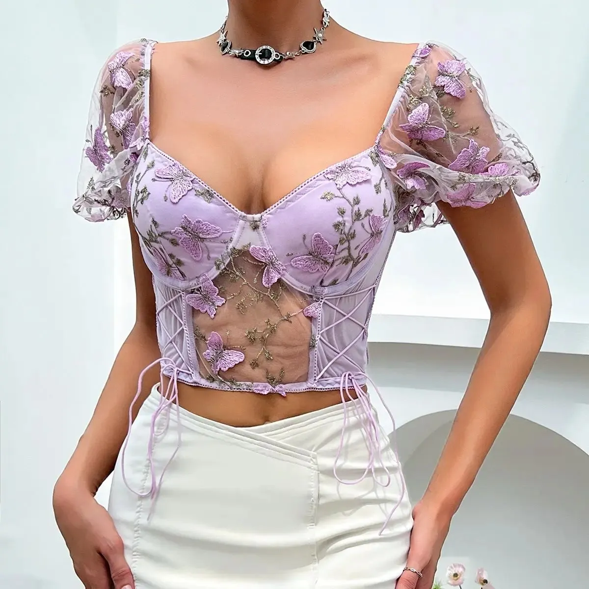 Girlary Suspenders splicing mesh Europe and the United States small undershirt 2024 summer new Spice Girls backless see-through