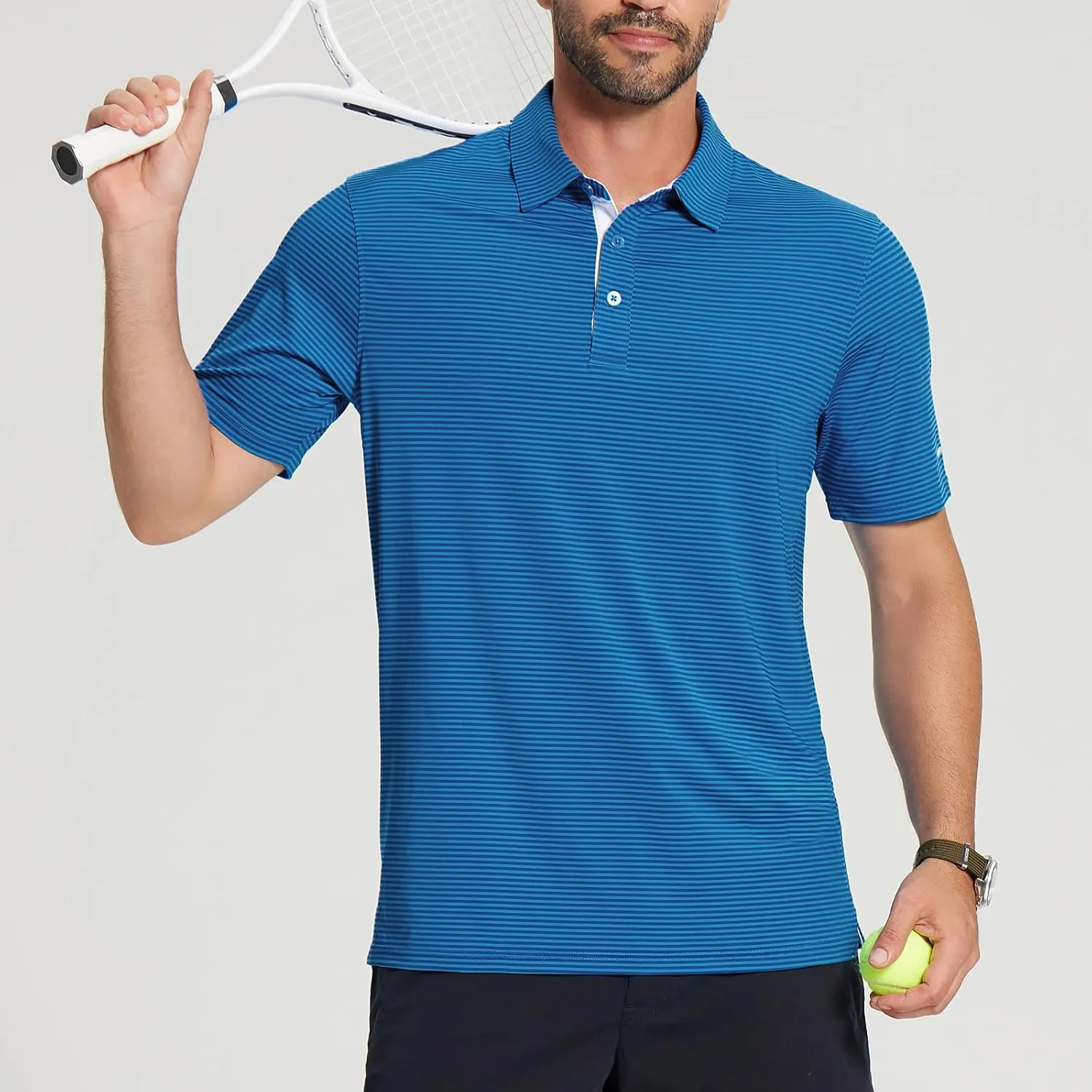 Golf Shirts for Men - Moisture Wicking Short Sleeve Performance Sport Casual Striped Collared Mens Polo Shirt
