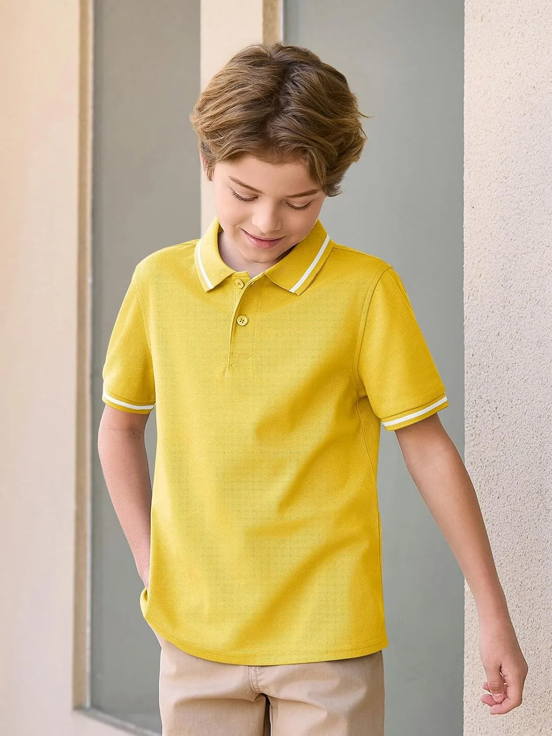 Haloumoning Kids Boys Short Sleeve School Uniform String Pique Polo Shirts 5-14 Years