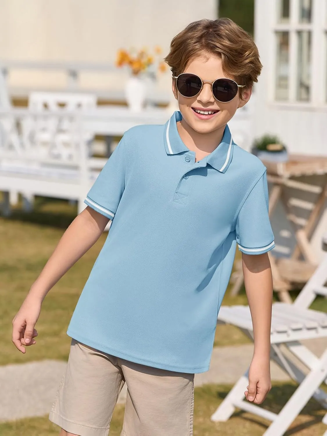 Haloumoning Kids Boys Short Sleeve School Uniform String Pique Polo Shirts 5-14 Years
