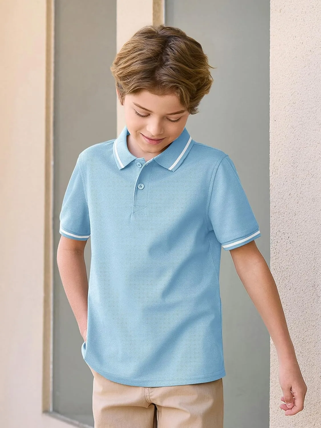 Haloumoning Kids Boys Short Sleeve School Uniform String Pique Polo Shirts 5-14 Years