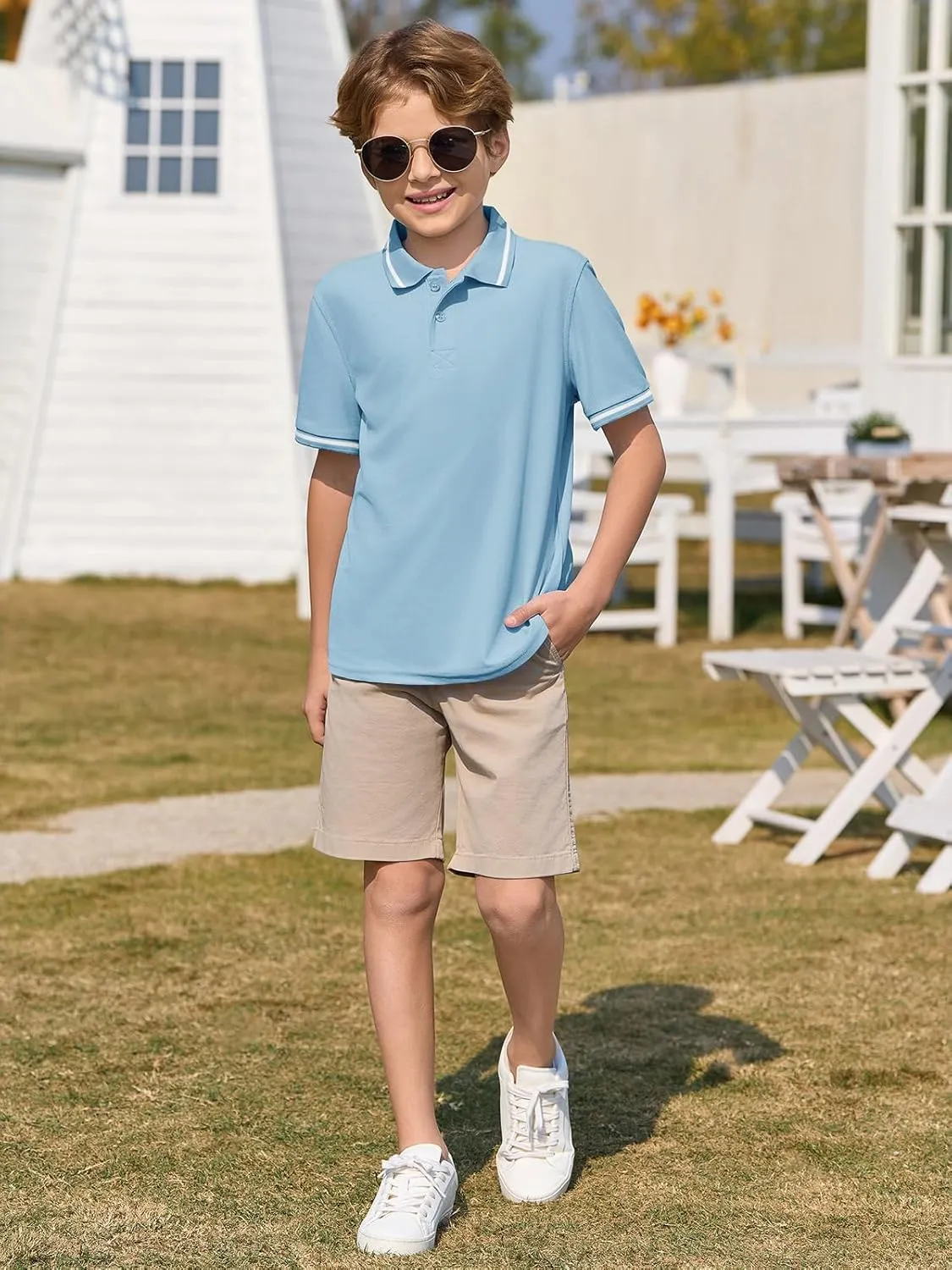 Haloumoning Kids Boys Short Sleeve School Uniform String Pique Polo Shirts 5-14 Years