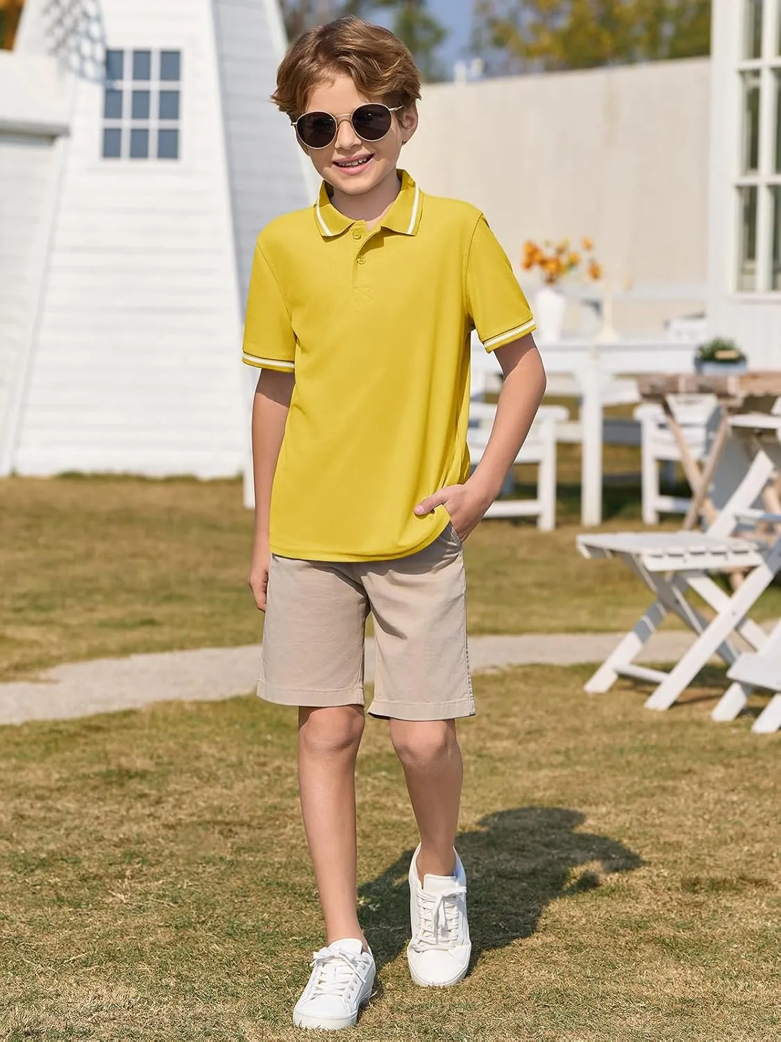 Haloumoning Kids Boys Short Sleeve School Uniform String Pique Polo Shirts 5-14 Years