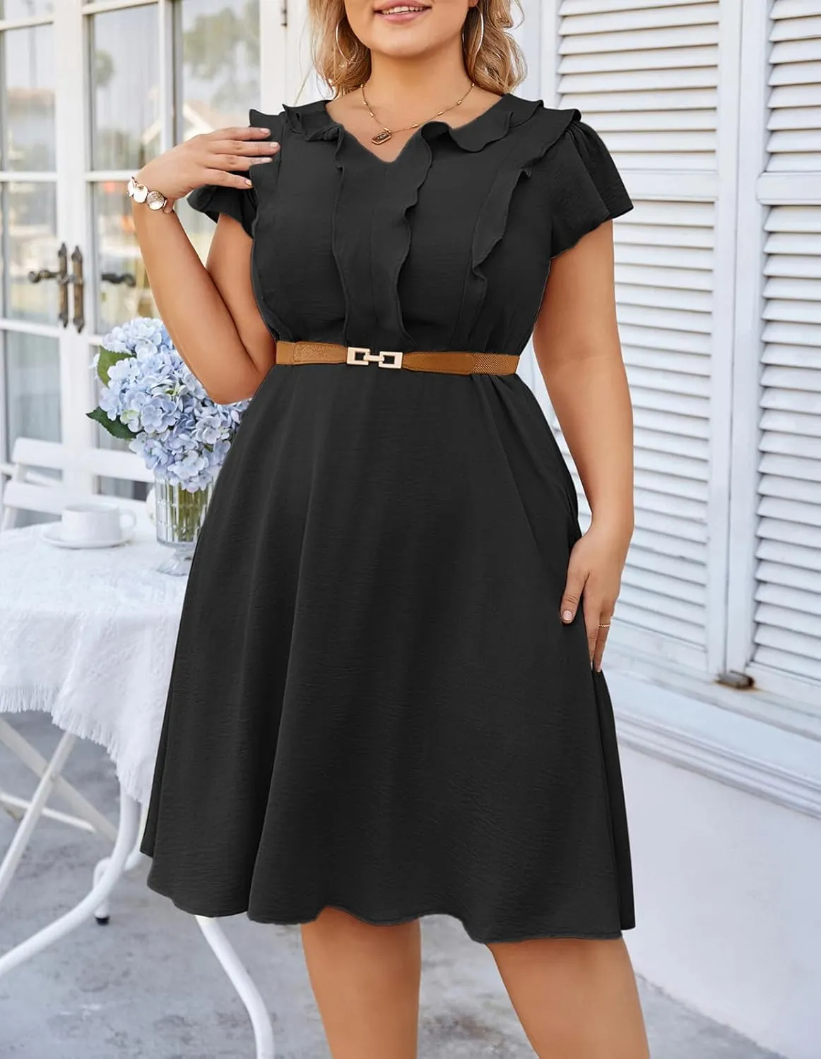 Hanna Nikole Women Plus Size Flounce Sleeve A-Line Casual Midi Dress with Pockets Elastic Empire Waist Flowy Dresses