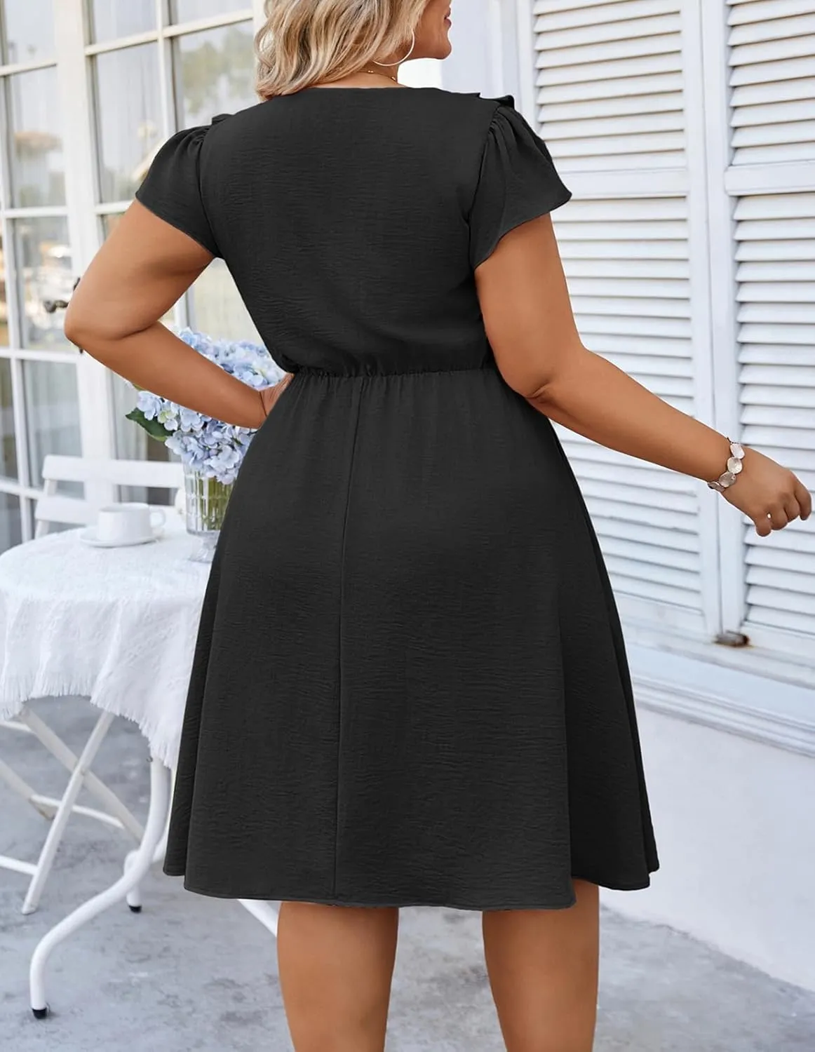 Hanna Nikole Women Plus Size Flounce Sleeve A-Line Casual Midi Dress with Pockets Elastic Empire Waist Flowy Dresses