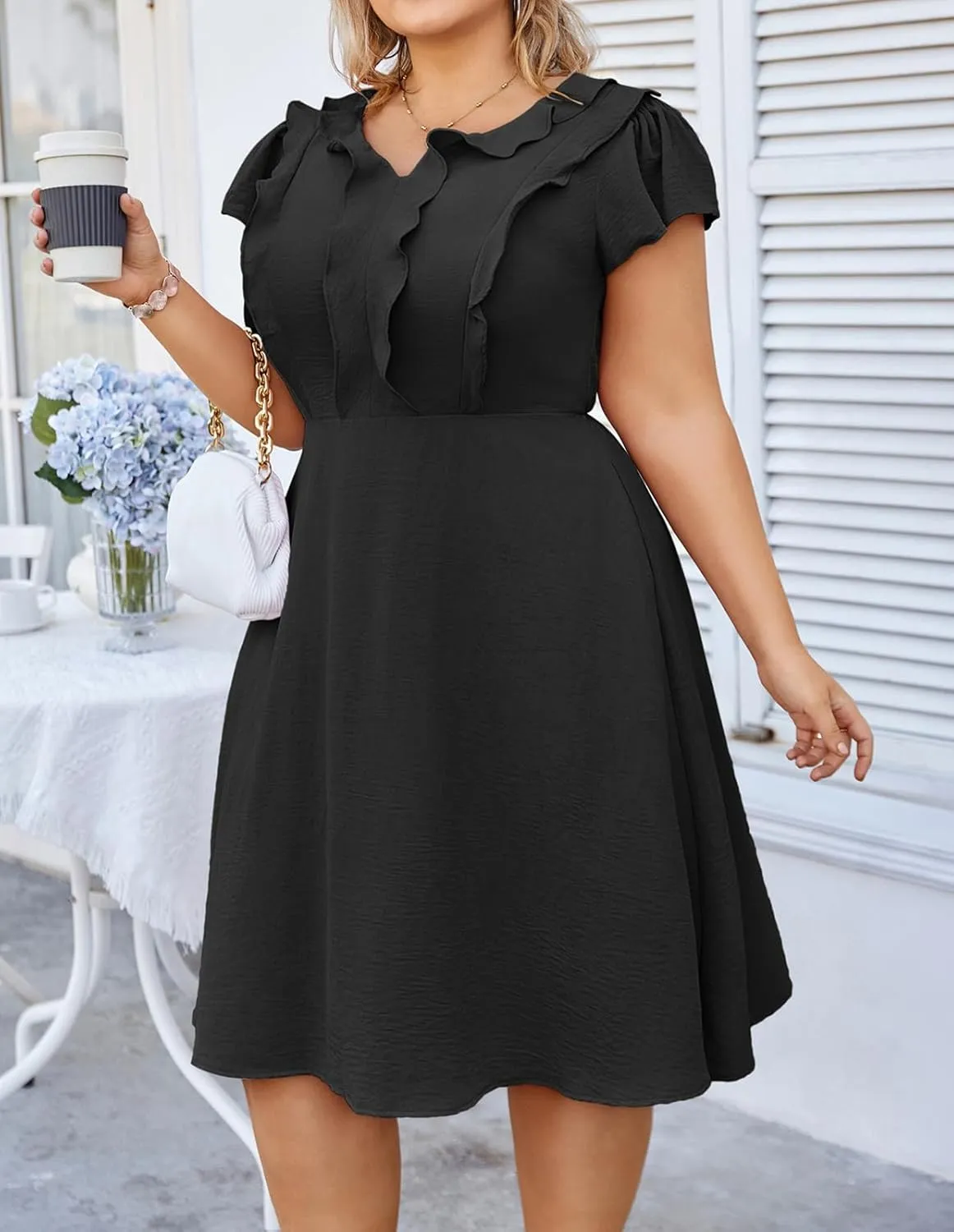 Hanna Nikole Women Plus Size Flounce Sleeve A-Line Casual Midi Dress with Pockets Elastic Empire Waist Flowy Dresses