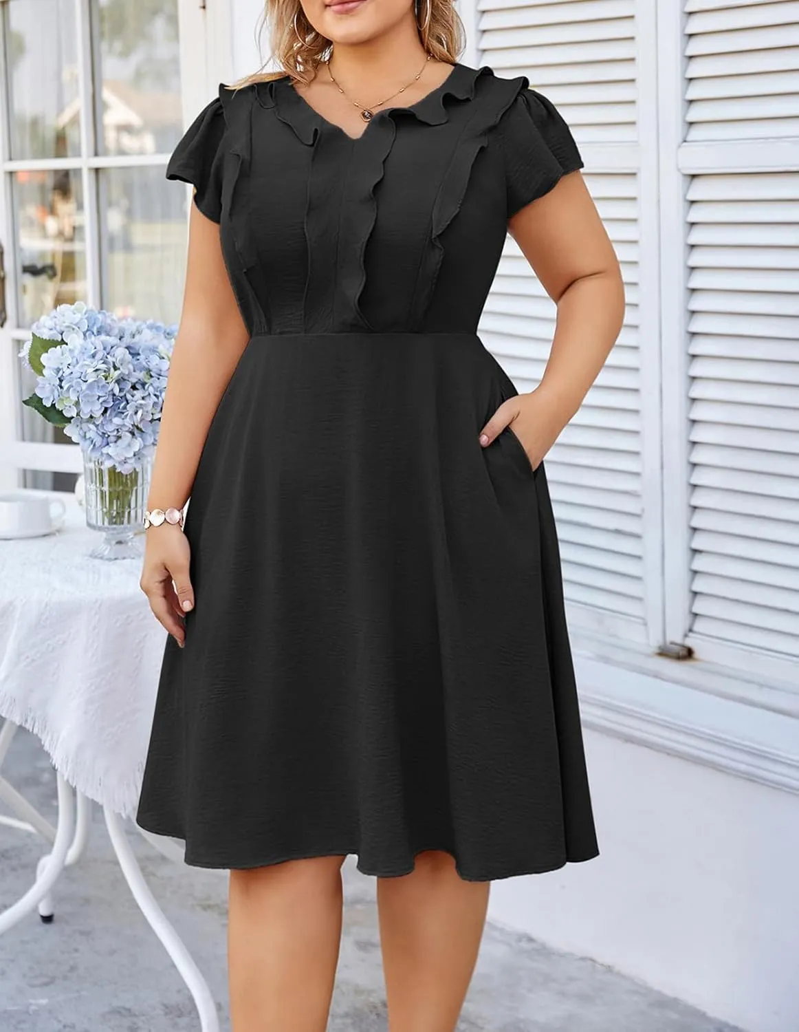 Hanna Nikole Women Plus Size Flounce Sleeve A-Line Casual Midi Dress with Pockets Elastic Empire Waist Flowy Dresses