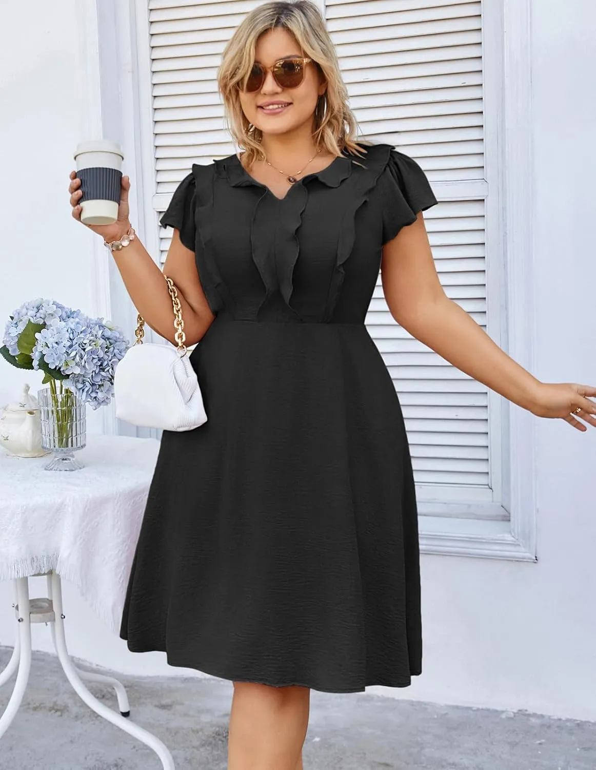 Hanna Nikole Women Plus Size Flounce Sleeve A-Line Casual Midi Dress with Pockets Elastic Empire Waist Flowy Dresses