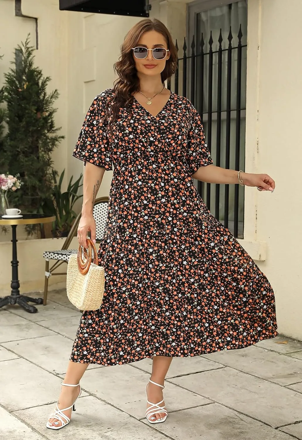Keluummi Plus Size Summer Wedding Guest Maxi Dresses for Curvy Women, Casual Floral 3/4 Sleeve Emipre Waist V Neck Long Dress