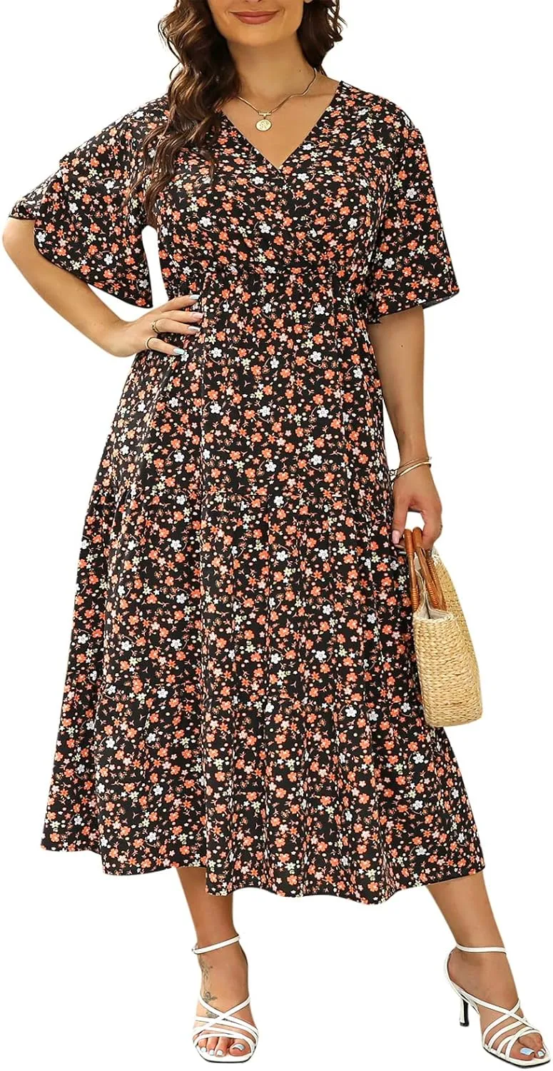 Keluummi Plus Size Summer Wedding Guest Maxi Dresses for Curvy Women, Casual Floral 3/4 Sleeve Emipre Waist V Neck Long Dress