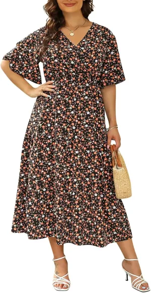 Keluummi Plus Size Summer Wedding Guest Maxi Dresses for Curvy Women, Casual Floral 3/4 Sleeve Emipre Waist V Neck Long Dress