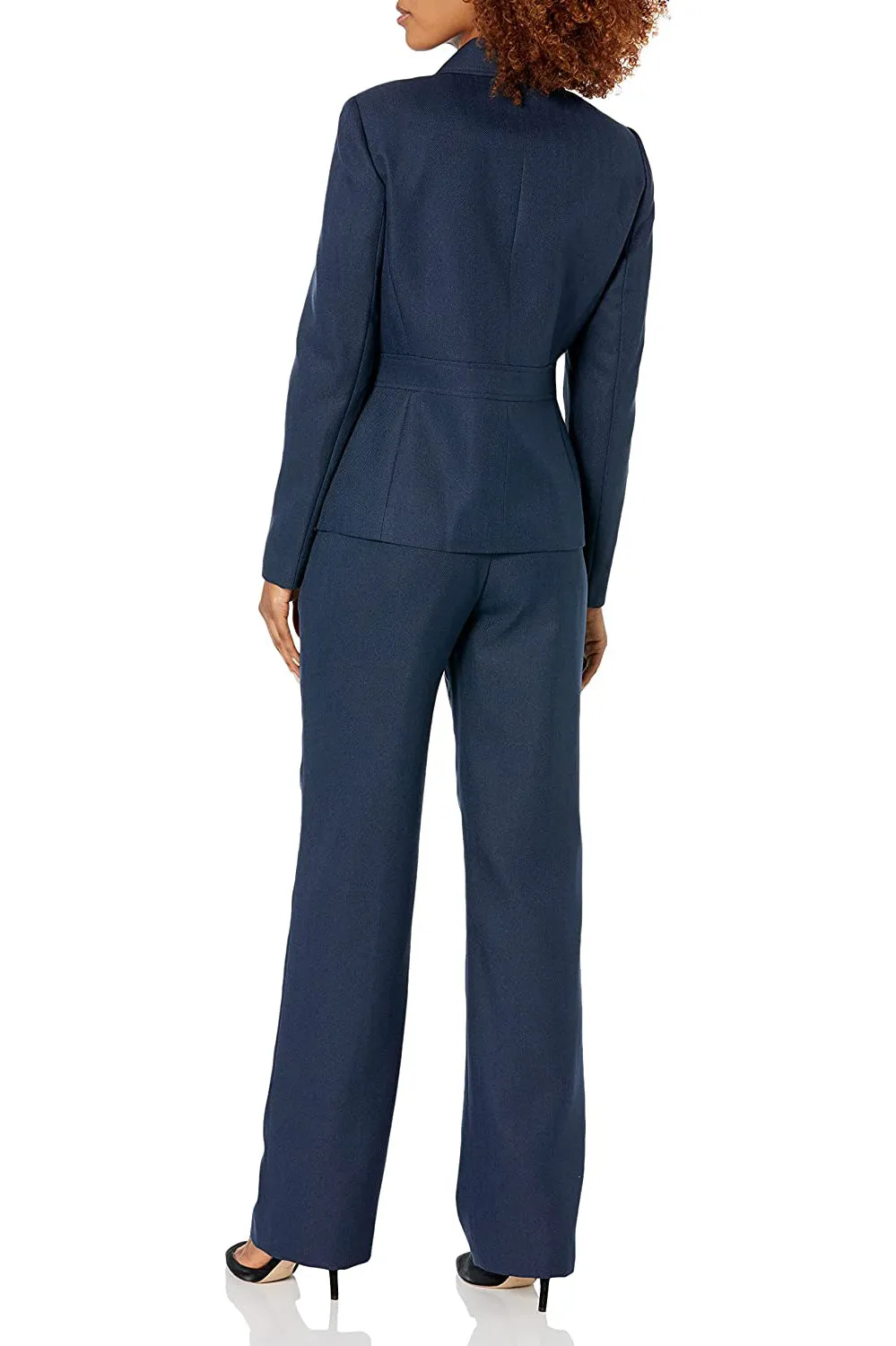 Le Suit notched collar 2 button banded herringbone pattern jacket with button hook zipper closure pant (Petite)