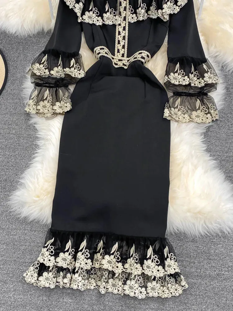 LVSANW XFPV Elegant Design Fashion Women's Contrast Color Embroidery Patchwork High Waist Fishtail Dress 2025 Autumn New Dresses SN3863