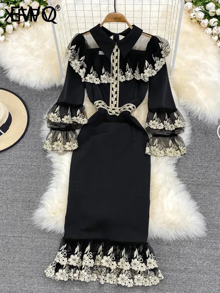 LVSANW XFPV Elegant Design Fashion Women's Contrast Color Embroidery Patchwork High Waist Fishtail Dress 2025 Autumn New Dresses SN3863