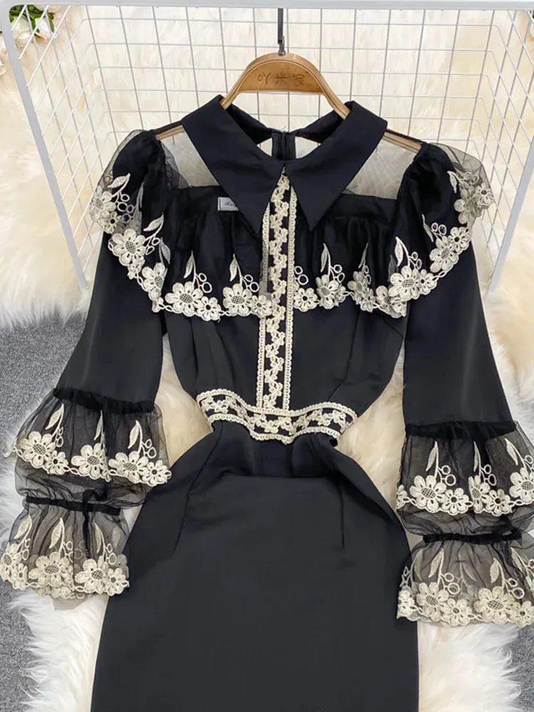 LVSANW XFPV Elegant Design Fashion Women's Contrast Color Embroidery Patchwork High Waist Fishtail Dress 2025 Autumn New Dresses SN3863