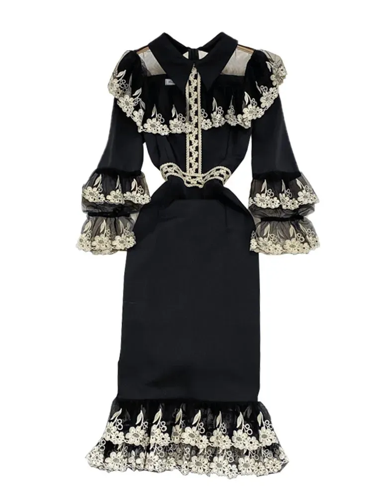 LVSANW XFPV Elegant Design Fashion Women's Contrast Color Embroidery Patchwork High Waist Fishtail Dress 2025 Autumn New Dresses SN3863
