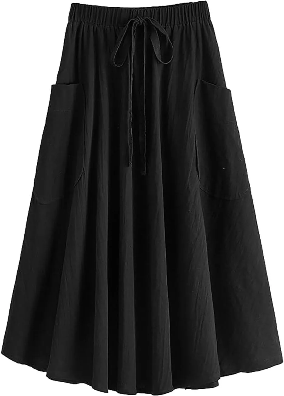 Lyking Women's Casual High Waist Pleated A-Line Midi Skirt with Pocket
