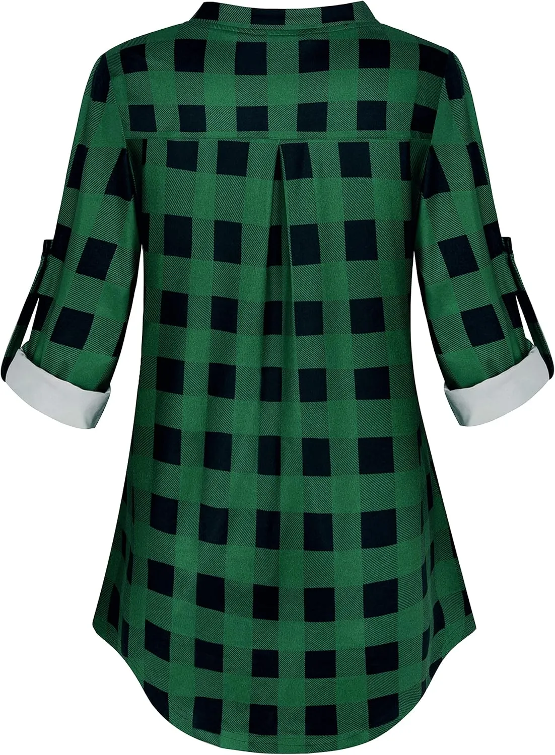 Miusey Womens Buffalo Plaid Roll Sleeve V Neck Flowy Loose Tunic Blouse